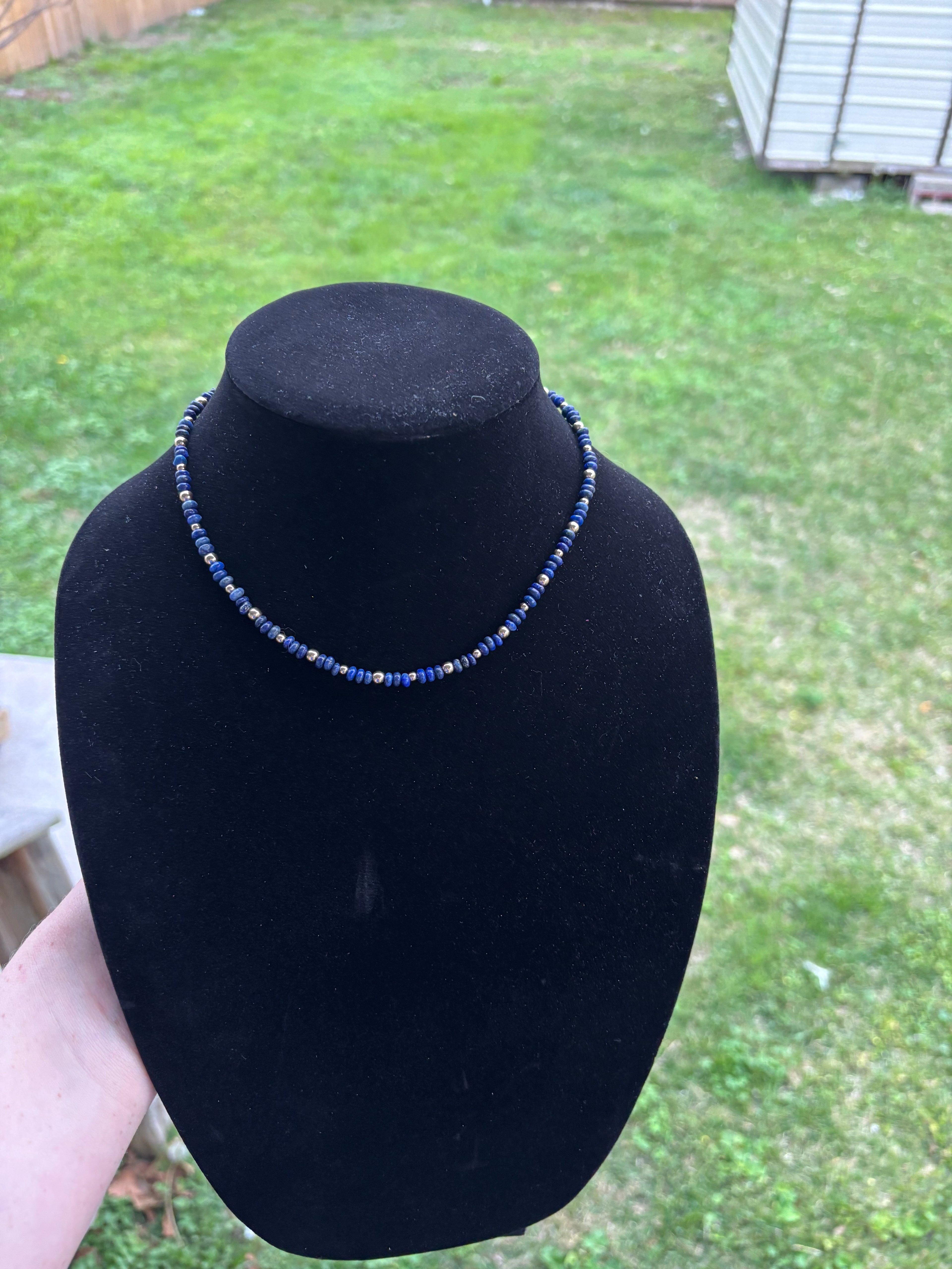 Denim lapis and gold filled beaded necklace