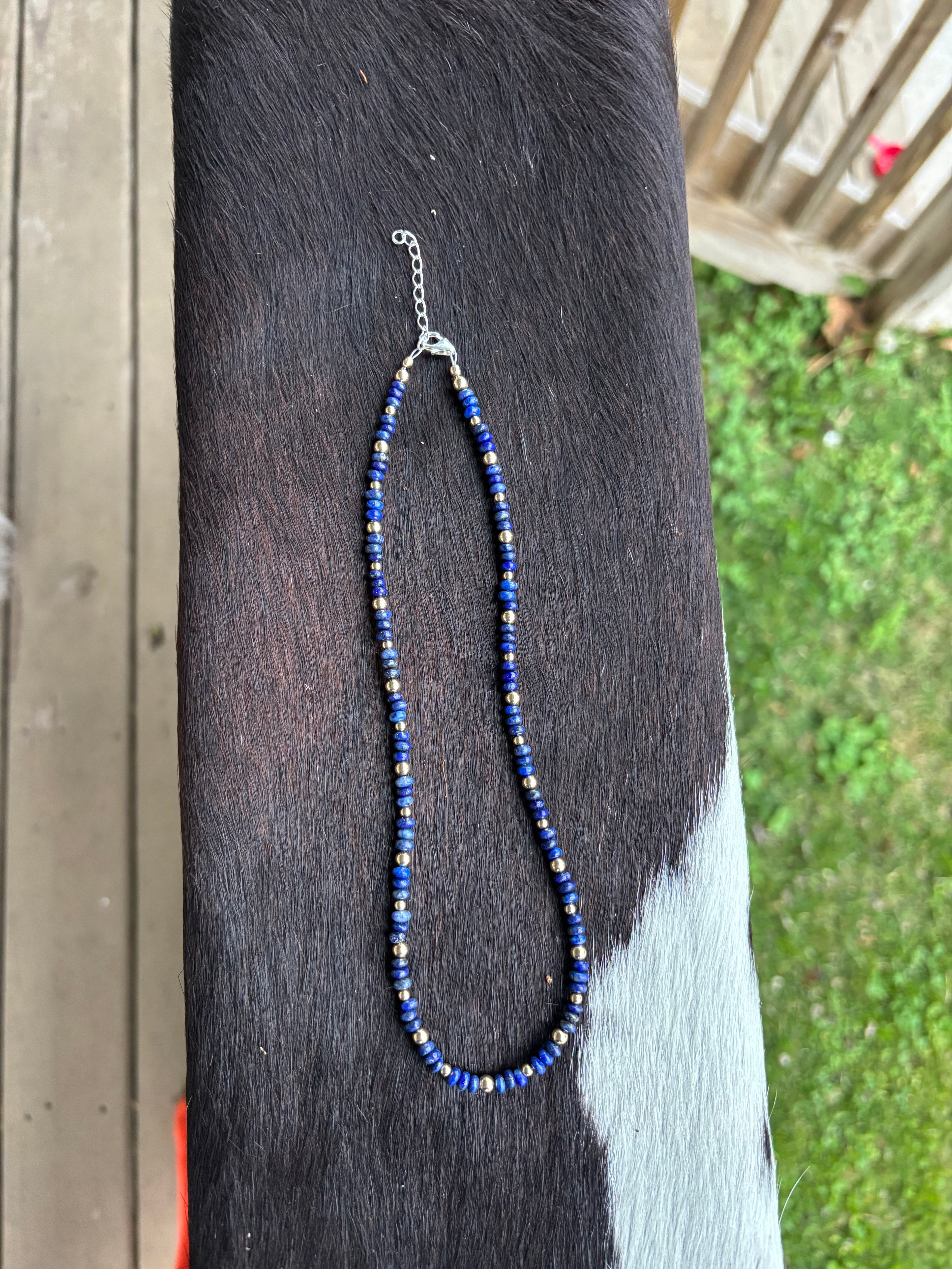 Denim lapis and gold filled beaded necklace